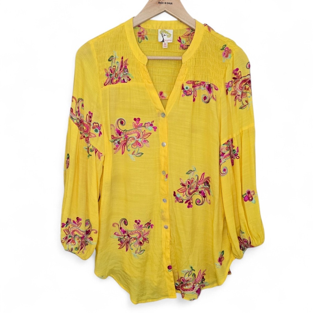 Fig & Flower Top Womens Medium Yellow Floral Embroidered Button Up Blouse Casual